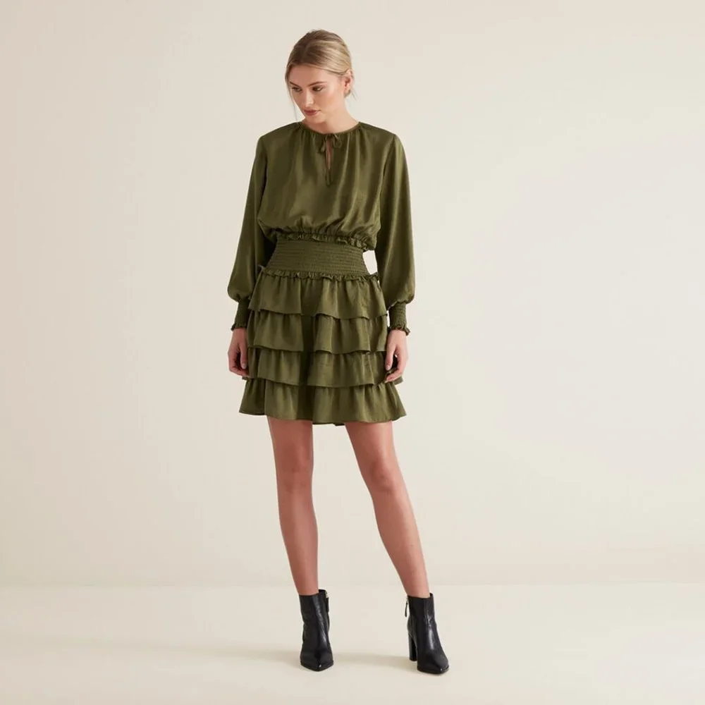 SEED HERITAGE Khaki Green Tiered Frill Long Sleeve Mini Dress - Picture 6 of 13